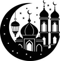 A black and white silhouette of a mosque with a crescent moon vector