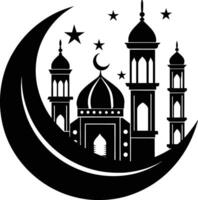 A black and white silhouette of a mosque with a crescent moon vector