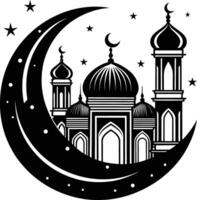 A black and white silhouette of a mosque with a crescent moon vector