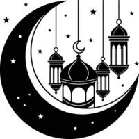 Black silhouette of a islamic mosque and crescent with lanterns vector