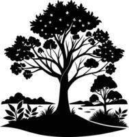 Silhouette of a tree with grass vector