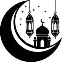 negro silueta de un islámico mezquita y creciente con linternas vector