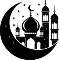 A black and white silhouette of a mosque with a crescent moon vector