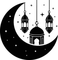 Black silhouette of a islamic mosque and crescent with lanterns vector