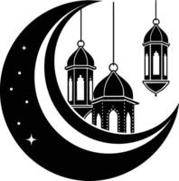 Black silhouette of a islamic mosque and crescent with lanterns vector