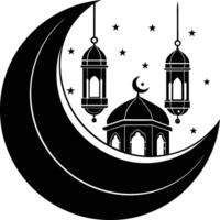 Black silhouette of a islamic mosque and crescent with lanterns vector