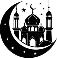 A black and white silhouette of a mosque with a crescent moon vector