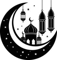 Black silhouette of a islamic mosque and crescent with lanterns vector