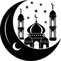 A black and white silhouette of a mosque with a crescent moon vector