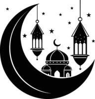 Black silhouette of a islamic mosque and crescent with lanterns vector