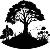 Silhouette of a tree with grass vector