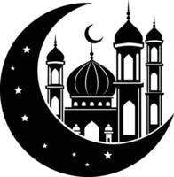 A black and white silhouette of a mosque with a crescent moon vector