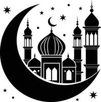 A black and white silhouette of a mosque with a crescent moon vector