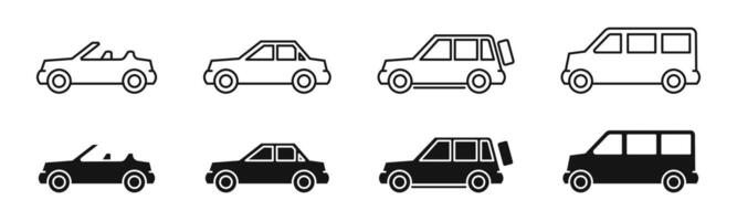 vehículo icono recopilación. coche iconos coche icono. vehículo simbolos sedán automóvil siluetas eps 10 vector