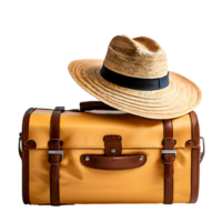 Reise Gepäck Tasche und ein Stroh Hut isoliert auf transparent Hintergrund, Schnitt aus, oder Ausschnitt Weg. png