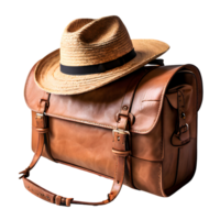 Reise Gepäck Tasche und ein Stroh Hut isoliert auf transparent Hintergrund, Schnitt aus, oder Ausschnitt Weg. png