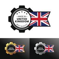 Made in United Kingdom, UK with gear and flag design. For banner, stamp, sticker, icon, logo, symbol, label, badge, seal, sign. Illustration vector