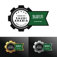 hecho en saudi arabia con engranaje y bandera diseño. para bandera, estampilla, pegatina, icono, logo, símbolo, etiqueta, insignia, sello, signo. ilustración vector