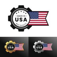 Made in USA with gear and flag design. Made in American For banner, stamp, sticker, icon, logo, symbol, label, badge, seal, sign. Illustration vector