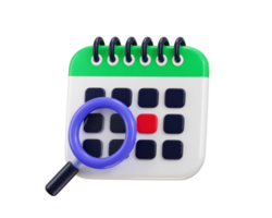 calendar marked date and time for reminder day calendar with magnifying glass for schedule icon 3d render png