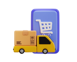 delivery truck with cardboard icon with shopping cart icon 3d rendering illustration png