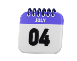 dia 04 do Julho calendário encontro ícone 3d Renderização ilustração png