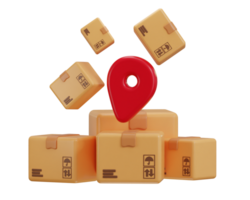 Delivery packages with location pin icon 3d render concept of parcel pickup location icon illustration png