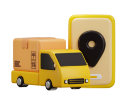 delivery truck with cardboard icon with location pin shipment tracking 3d rendering illustration png