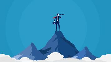 businessman standing on top of mountain with binoculars vector