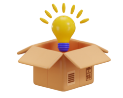 Aperto cartone scatola con lampadina idea icona 3d rendere concetto di conoscenza scatola illustrazione png