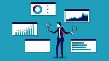 businessman with magnifying glass and graphs vector