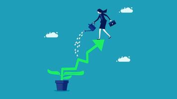 businesswoman climbing up a green arrow to reach the top vector