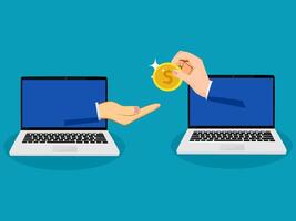 two hands are holding a coin and one is giving it to another laptop vector