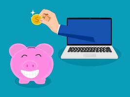hand is putting coin in piggy bank and laptop is on blue background vector
