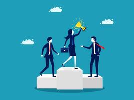 business people standing on pedestal with a trophy vector