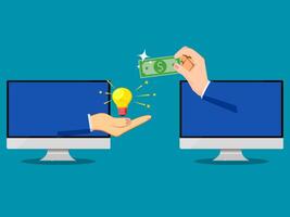 two hands are holding money and a light bulb on a computer screen vector
