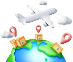 3D Delivery Airplane, Globe and Cardboard Box png