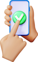 3D hand holding smartphone with green check mark png