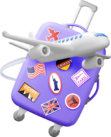 3D travel suitcase with stickers and airplane png