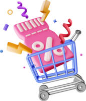 3d shopping basket and coupon with percent symbol png