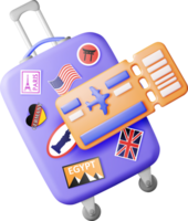 3D travel suitcase with stickers and boarding pass png