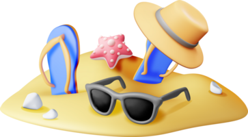 3d spiaggia Flip flop, cappello, occhiali da sole nel sabbia png