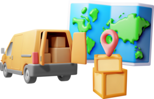 3D delivery van and cardboard boxes and map. png