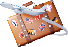 3d vintage travel bag with stickers and airplane. png