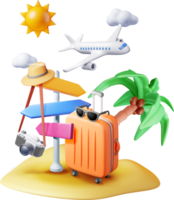 3d island with travel bag, palm tree and pointer png