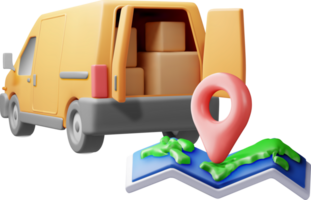 3d entrega camioneta y cartulina cajas y mapa. png