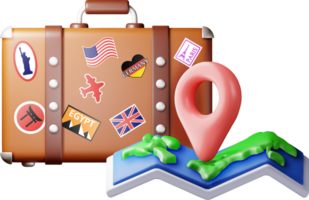 3d vintage suitcase with folded paper map png