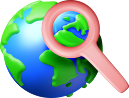 3D Globe with map of world with magnifying glass png