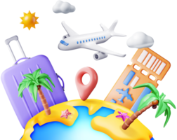 3d Landschaft von Palme auf Strand, Flugzeug Fahrkarte Tasche png