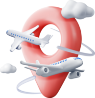 3D airplane in clouds and location pin png